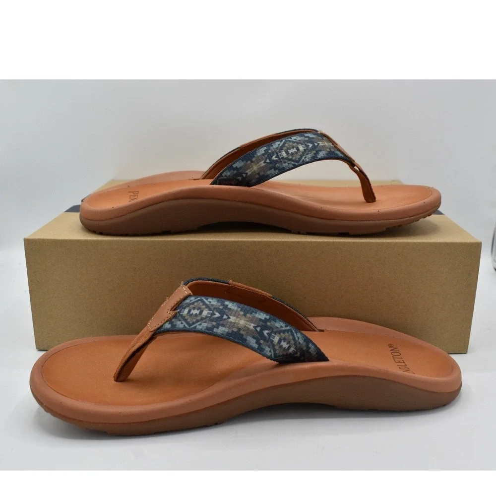 Pendleton Mens Size 12 Brown Blue Geometric Southwestern Flip Flop Sandals Shoes